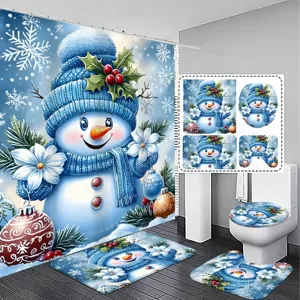 4-piece Christmas bathroom set with cute blue snowman shower curtain and non-slip mats