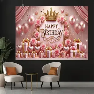 Rosa Happy Birthday Hintergrund mit goldener Krone, Rosen und Ballons für Party-Deko