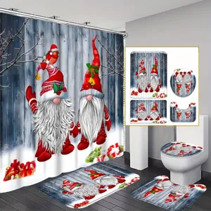 Festive 4-piece Christmas bathroom set with gnome print shower curtain and mats.