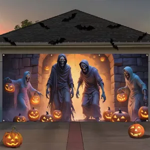 Gran pancarta para puerta de garaje de Halloween con segadores espeluznantes y calabazas