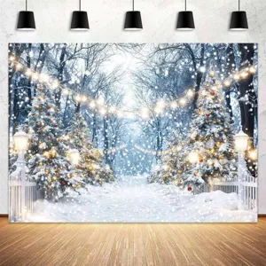 Christmas winter forest photography backdrop with snowy trees and festive light strings