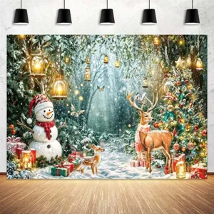 Christmas snowy forest backdrop featuring reindeer snowman and pine tree for photography