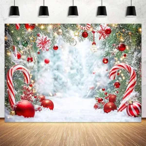 Festive Christmas snow forest photography backdrop with candy canes and red ornaments