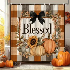 Hello Fall Herbst Duschvorhang Vintage Holzmaserung Hochlandkuh Kürbis Sonnenblume Bedruckter Polyester Badezimmer Erntedankfest Dekor