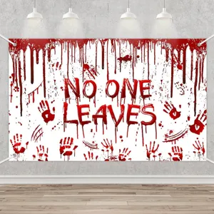 Halloween Hintergrund mit Blut und 'No One Leaves' Schriftzug für gruselige Horror-Partys