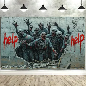 Gruseliger Halloween-Zombie-Wandhintergrund mit blutigem Hilfe-Schriftzug für Horrorpartys
