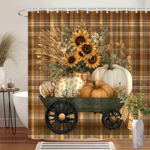 Herbstlicher Duschvorhang mit rustikalem Wagen, Kürbissen und Sonnenblumen auf Karomuster
