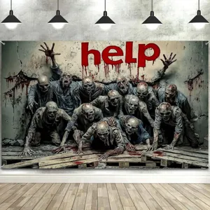 Professioneller Halloween-Zombie-Fotohintergrund mit Horror-Blutdruck und Hilfe-Text