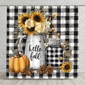 Hello Fall Bauernhaus-Duschvorhang mit Sonnenblumen, Kürbis und Karomuster.