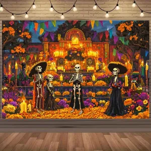 Mexikanischer Tag der Toten Hintergrund mit Skelett- und Ringelblumen-Illustrationen für Partys