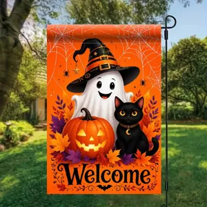 Bandera de jardín de Halloween con un lindo fantasma, gato negro y calabaza Welcome