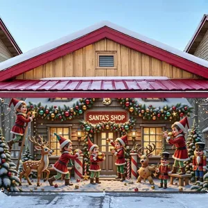 Banner per porta del garage di Natale con bottega di Babbo Natale, elfi e renne.