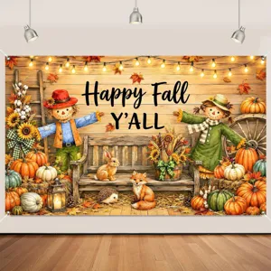 Autumn Harvest backdrop with pumpkins and scarecrows for Thanksgiving party decoration