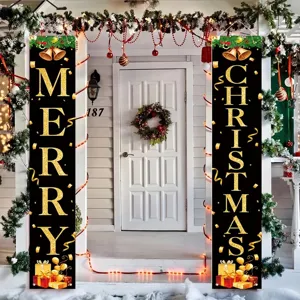 Pancarta de Porche de Navidad Letrero de Bienvenida Feliz Navidad para Puerta de Entrada Interior Exterior Patio Decoración de Fiesta Estampado de Dibujos Animados Bandera Colgante Vertical