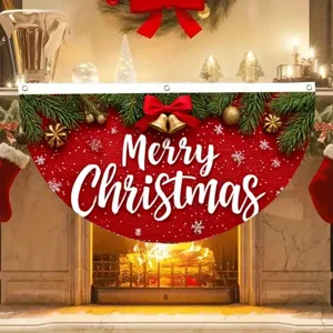 Rustic red Christmas pleated fan flag with Merry Christmas text for festive fireplace decor