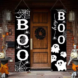 Decoración de Pancarta de Porche de Halloween Calabaza Fantasma Estampado Cartel Colgante de Puerta Decoración de Fiesta