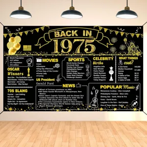 Toile de Fond Anniversaire Vintage Polyester Noir et Or Pailleté Affiche Faits de l'Année Tenture Murale Décoration de Fête