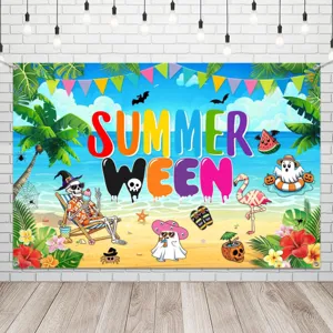 Tela de Fondo para Decoración de Fiesta de Halloween de Verano Dibujos Animados Calavera Fantasma Palmera Estampado Banner Summerween Vacaciones Cabina de Fotos Estudio Fotografía Fondo Tapiz