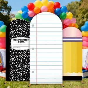 Back-to-School-Bogen-Hintergrundset mit Notizbuch- und Bleistiftmuster für Partys.