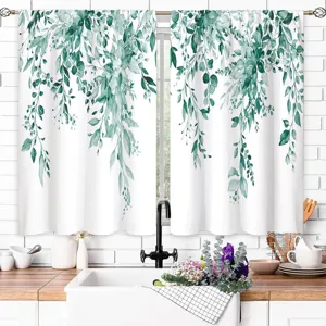 Watercolor eucalyptus leaf kitchen short curtains for modern farmhouse home decoration