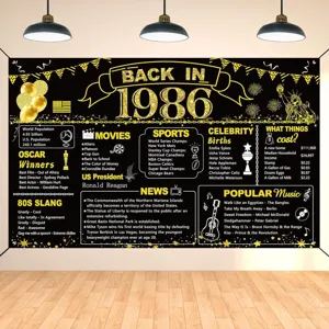 Toile de fond de fête rétro 1986 noir et or pailleté pour décorations d'anniversaire