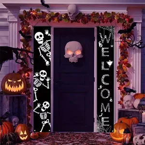Pancartas para porche de Halloween con motivos de esqueletos y texto de bienvenida decorado