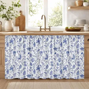 Rustic country style blue floral butterfly print kitchen half curtain for under-sink cabinets