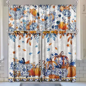 Autumn pumpkin kitchen curtain set with blue floral harvest patterns for Thanksgiving