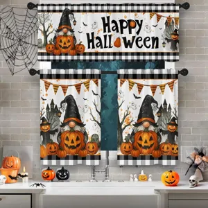 Halloween 3-piece kitchen curtain set featuring festive gnomes, pumpkins, and ghosts decor