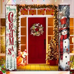 Pancartas navideñas festivas para porche exterior con texto Merry Christmas y diseño de muñeco