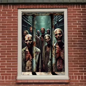 Gruseliges Halloween-Fensterposter mit realistischen Zombies hinter rostigen Gefängnisgittern