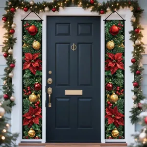 Christmas porch banners with poinsettia and ornament designs hanging on a front door