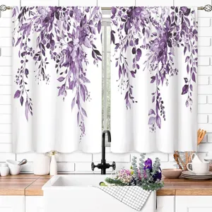 Watercolor purple eucalyptus leaf kitchen curtains in a fresh Nordic pastoral style