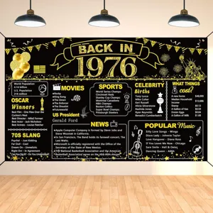 Bannière de fond de fête d'anniversaire rétro 1976 avec design pailleté noir et or