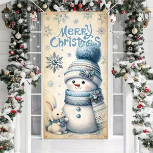 Festive Christmas door banner with snowman and rabbit, Merry Christmas print decoration