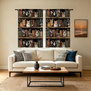 Vintage library bookshelf cat print short curtains for cozy farmhouse living room decor