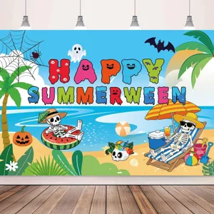 Banner fondo fiesta Halloween verano, linda decoración foto playa esqueleto dibujos animados.