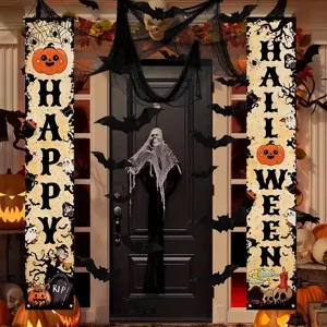 Pancartas de puerta de Halloween con texto Happy Halloween, motivos de calabaza y fantasma