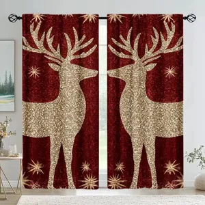 Rote Weihnachtsvorhänge mit goldenem Glitzer-Hirsch-Muster, ideal für festliche Fenster.