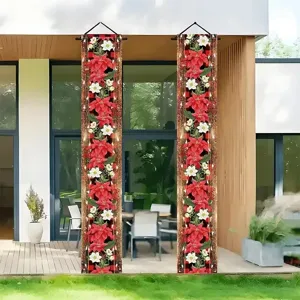 Christmas door banners featuring red flowers and buffalo plaid for outdoor porch decor.