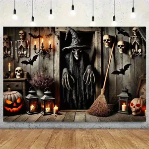 Gruseliger Halloween Hintergrund mit Hexe und Skeletten für die Partywanddekoration