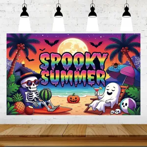 Telón de fondo fiesta verano Halloween playa tropical esqueleto fantasma banner foto utilería