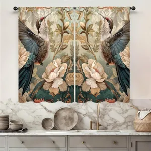 Vintage farmhouse style short curtains featuring hummingbird floral print for kitchen