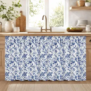Country style kitchen half curtain with blue floral butterfly print for sink cabinets.