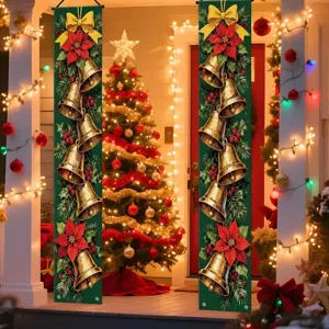 Festive Christmas porch banners with golden bells and poinsettia prints on green background