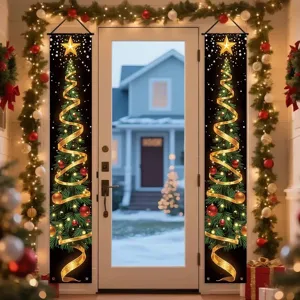 Festive Christmas door banners with sparkling tree print for outdoor home entrance decor.
