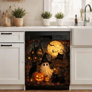 Autocollant Halloween pour lave-vaisselle avec fantôme, citrouille et chat noir en cuisine