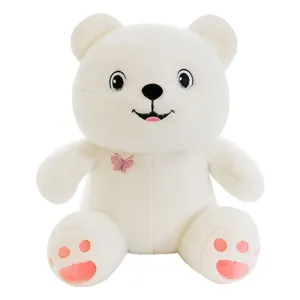 Adorable white teddy bear plush toy featuring pink butterfly embroidery and cute paw prints.