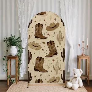 American Retro Western Arched Backdrop Cover Cowboy Hat Boots Wooden Wheel Print Party Backdrop Event Decoration Props