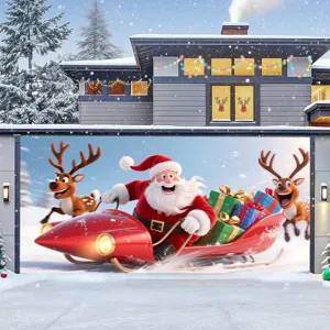 Festliches Garagentorbanner zu Weihnachten mit Weihnachtsmann und Rentieren im Schnee